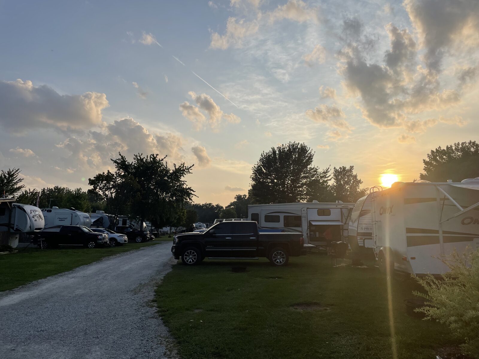 RV sites under a dramatic sunset sky